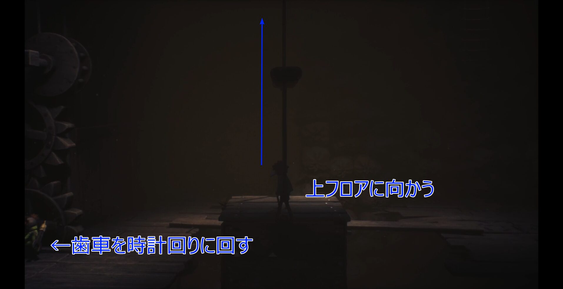 Riding the lift up to the upper floor