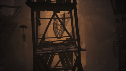 Adjusting height with the umbrella to land on the lower platform